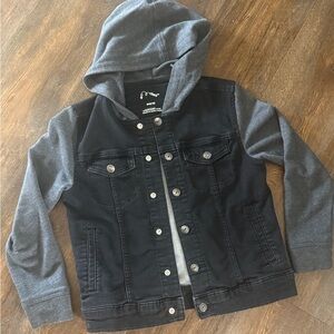 The Classic Black Denim Jacket with Grey Hooded Sleeves